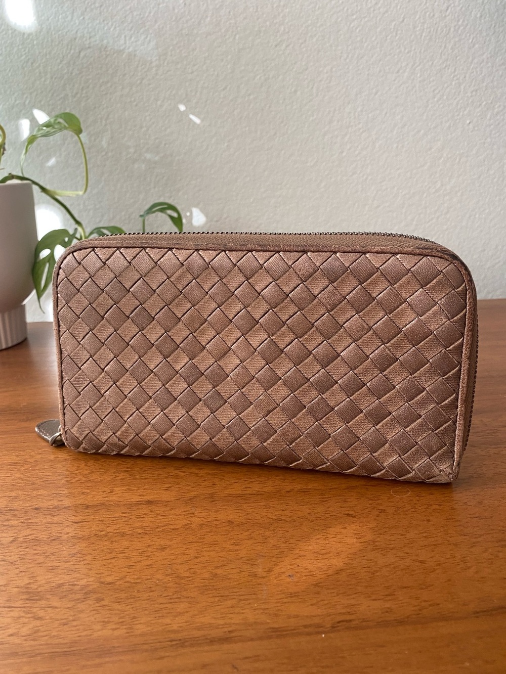 Bottega Veneta Intrecciato Zip Around Long Wallet Bronze Brown Metallic Leather